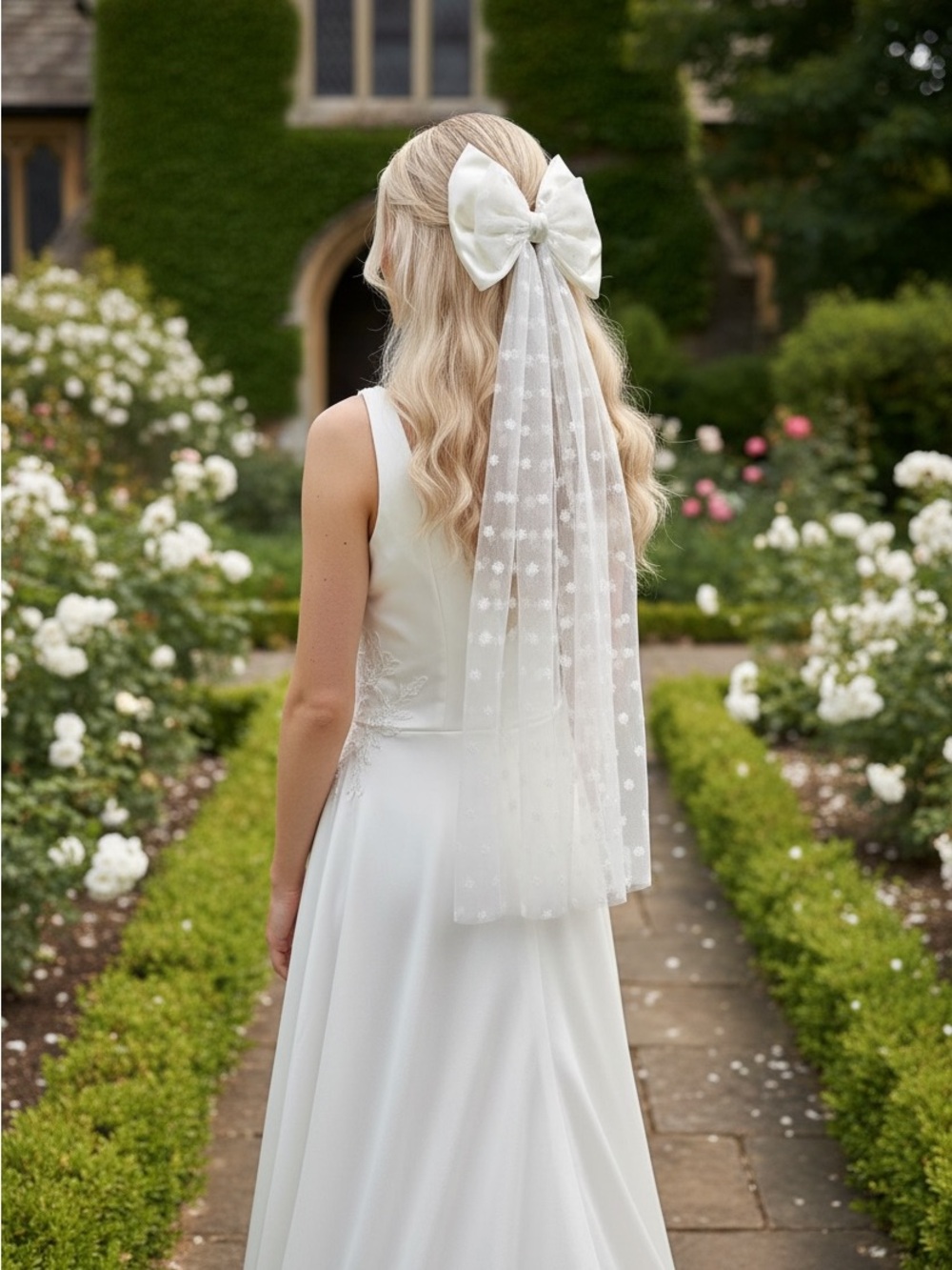 Elegant Oversized Ivory Satin & Embroidered Bow Veil with Long Tails. NWOT - Picture 3 of 6